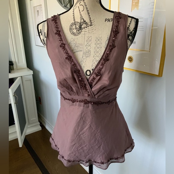 TED BAKER Silk Purple Mauve Beaded V-Neck Tie Back Sleeveless Blouse SZ Small - Picture 11 of 16